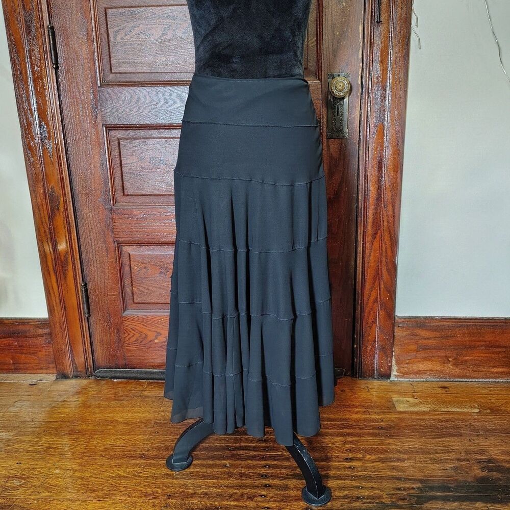 Y2K Whimsy Goth Tiered Hemming Blk Gypsy Midi Skirt Medium/T736